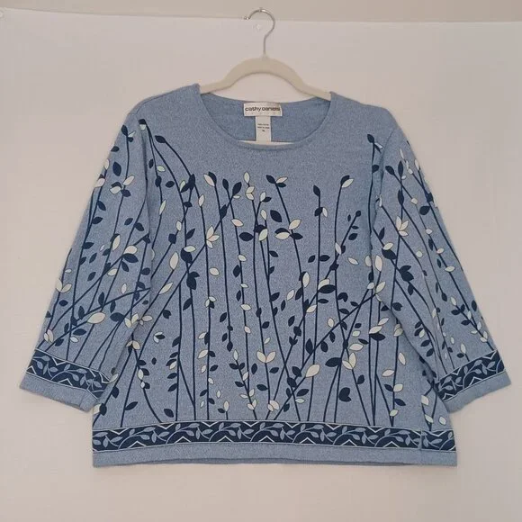 Women's Cathy Daniels Blue Floral Design Blouse Size X-Large - Picture 1 of 6